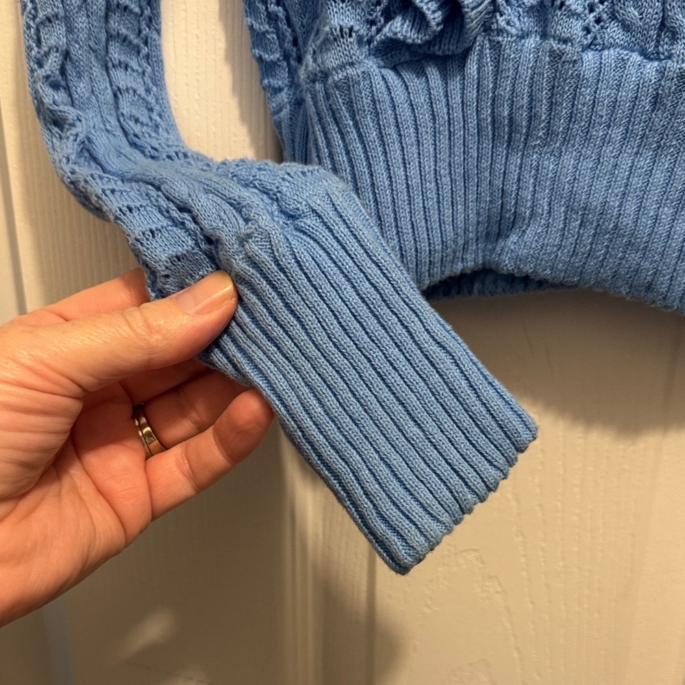 Blue Rain Ruffled Sweater Boho Cottagecore Grandmacore Top Long Sleeve - Picture 5 of 6